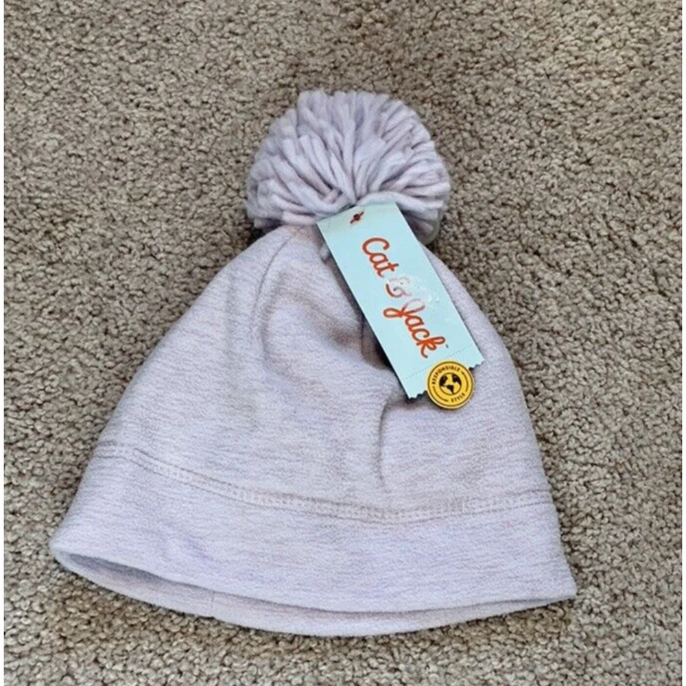 Cat & Jack Toddler Girls Purple Fleece Beanie Winter Hat with Pom Size 2T-5T‎